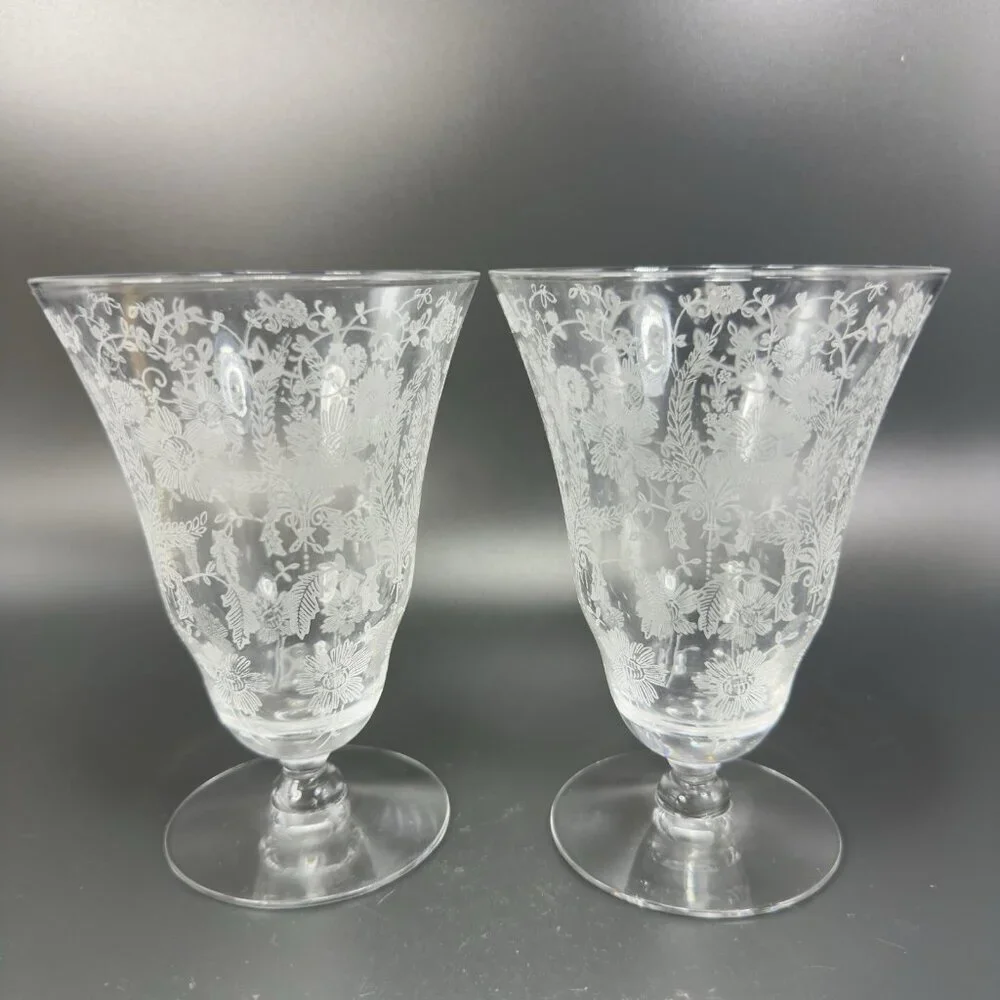 Vintage‎ Viking Glass PRELUDE Etched Clear Footed Glasses Cups Tumblers Set 2